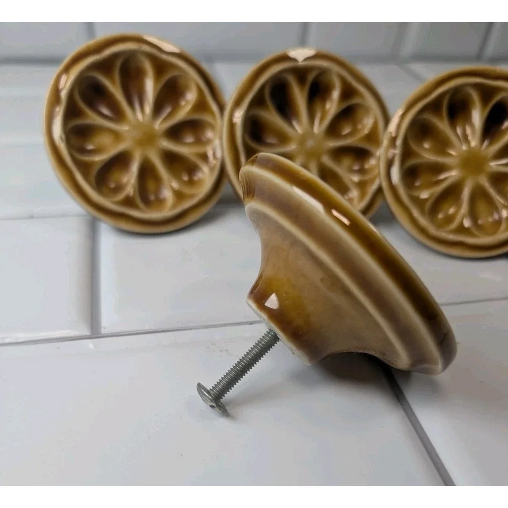 4 Vintage MCM 60s Brown Flower Ceramic Dresser Drawer Pull Kitchen Knobs 3